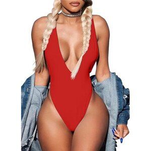Deep V Neck Sleeveless Tank Top Bodysuit Jumpsuit - Red